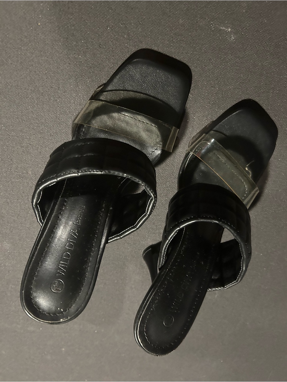 Wild Diva Black Slide Mules with Clear Strap